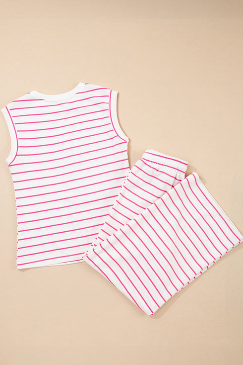 Striped Padded Shoulder Muscle Tee And Wide Leg Pants Lounge Set